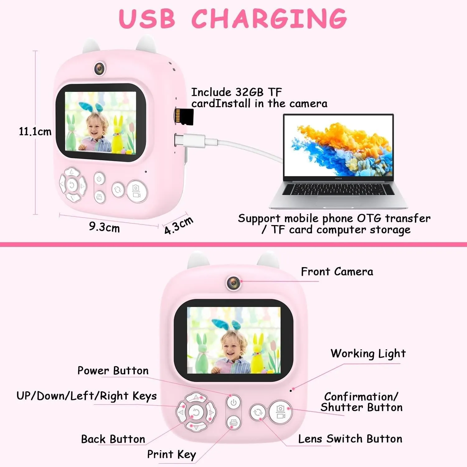 32GB Instant Camera with 2.4" Display & Card Reader for Kids | 1200W | Blue | 32GB   Card Reader | Pink