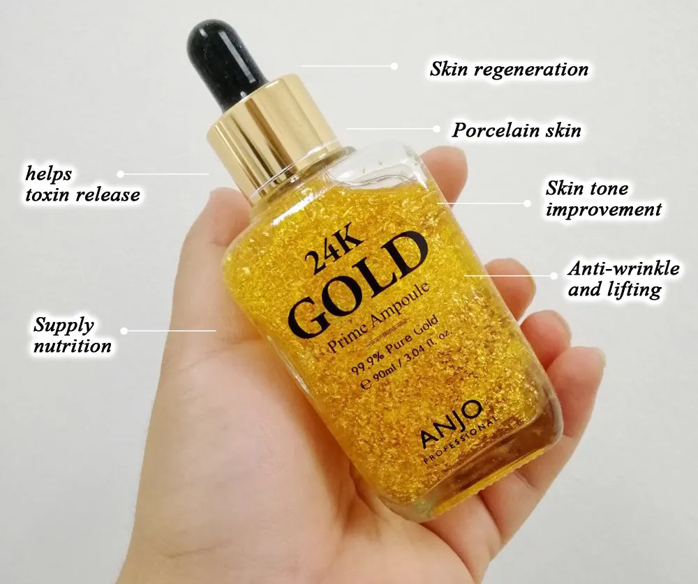 ANJO Professional 24K Gold Infused Prime Ampoule - 99.9% Pure Gold for Wrinkle Repair, 90ml