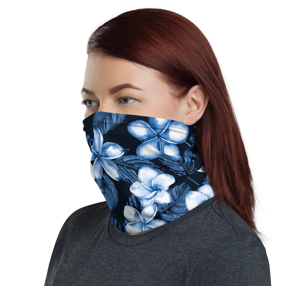 Blue Plumeria Neck Gaiter / Face Mask - Larger Flowers