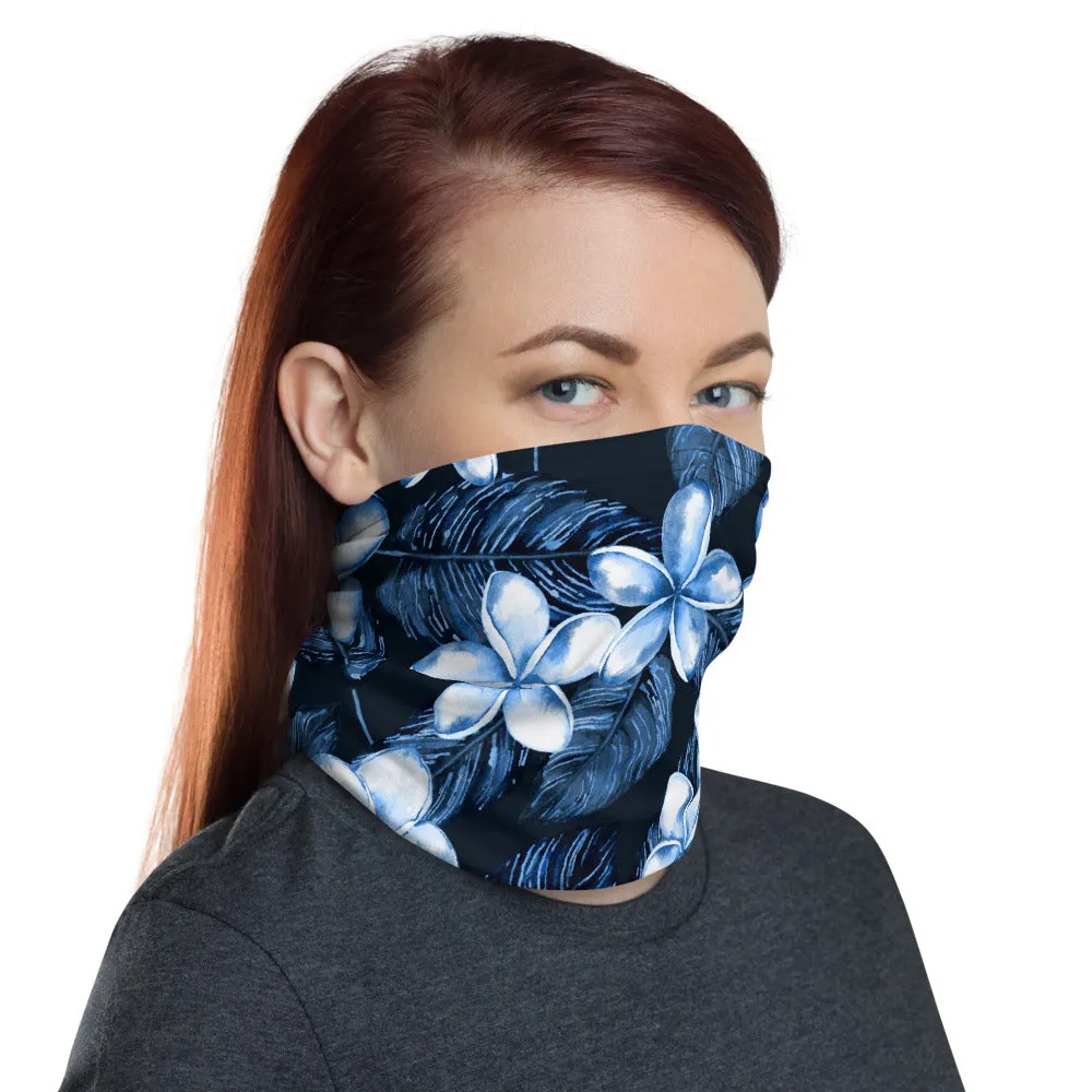 Blue Plumeria Neck Gaiter / Face Mask - Larger Flowers